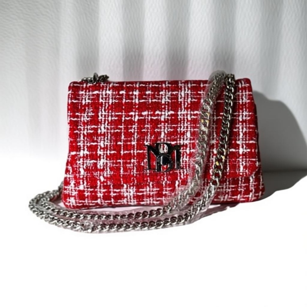 💖 NWT Badgley Mischka Red Tweed Chain Crossbody ✨ Chic Statement Bag - Picture 6 of 9